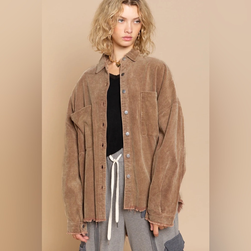 POL Promise Me Forever Corduroy Shacket Camel Tan Raw Hem Small Oversized Cotton